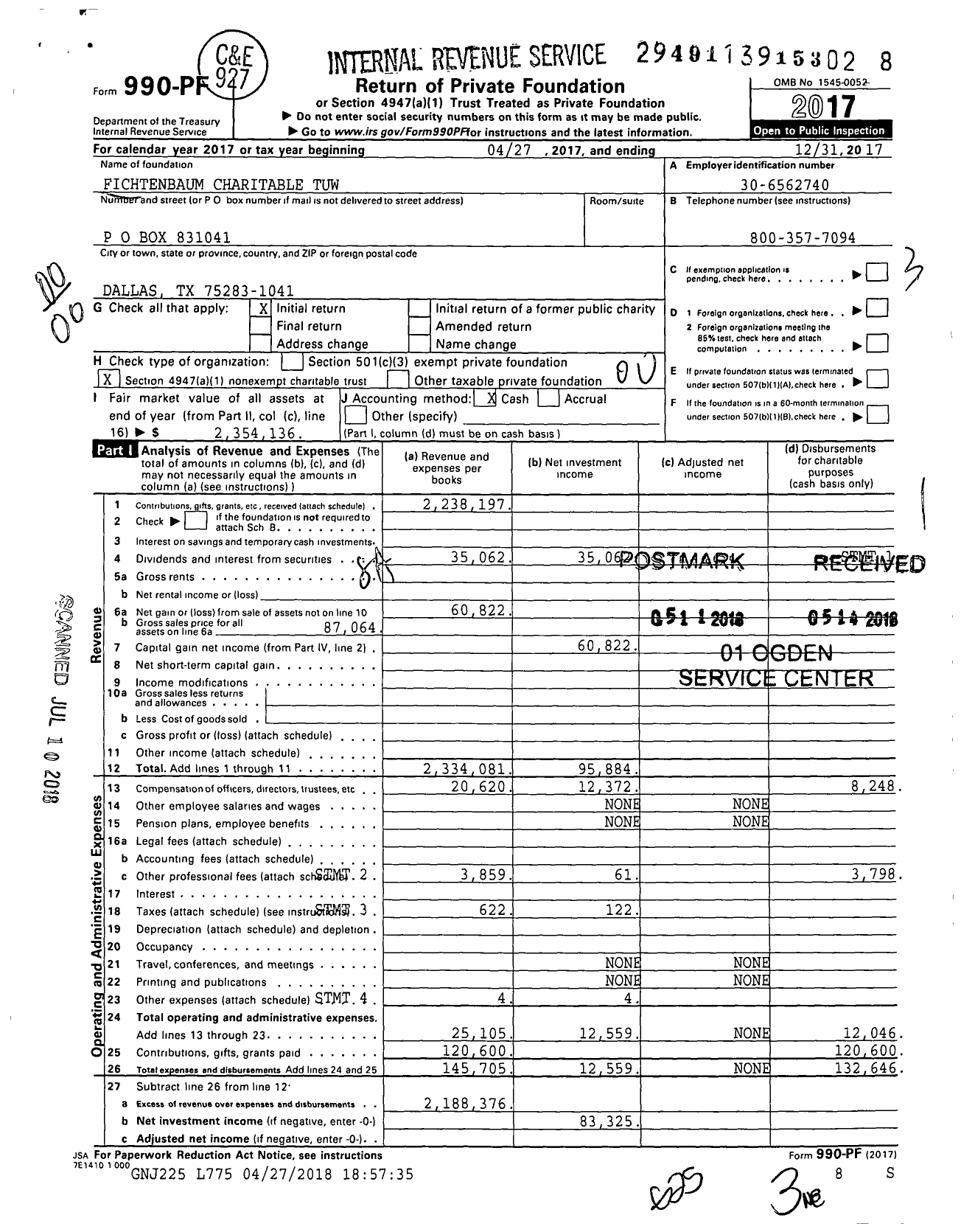 Image of first page of 2017 Form 990PF for Fichtenbaum Charitable Trust