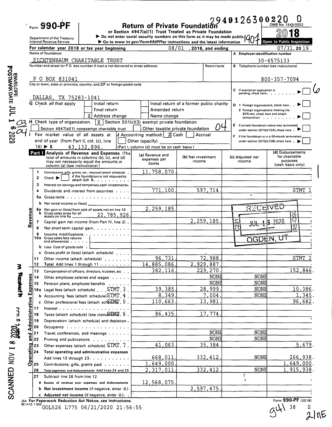 Image of first page of 2018 Form 990PF for Fichtenbaum Charitable Trust / Bank of America Na Ttee