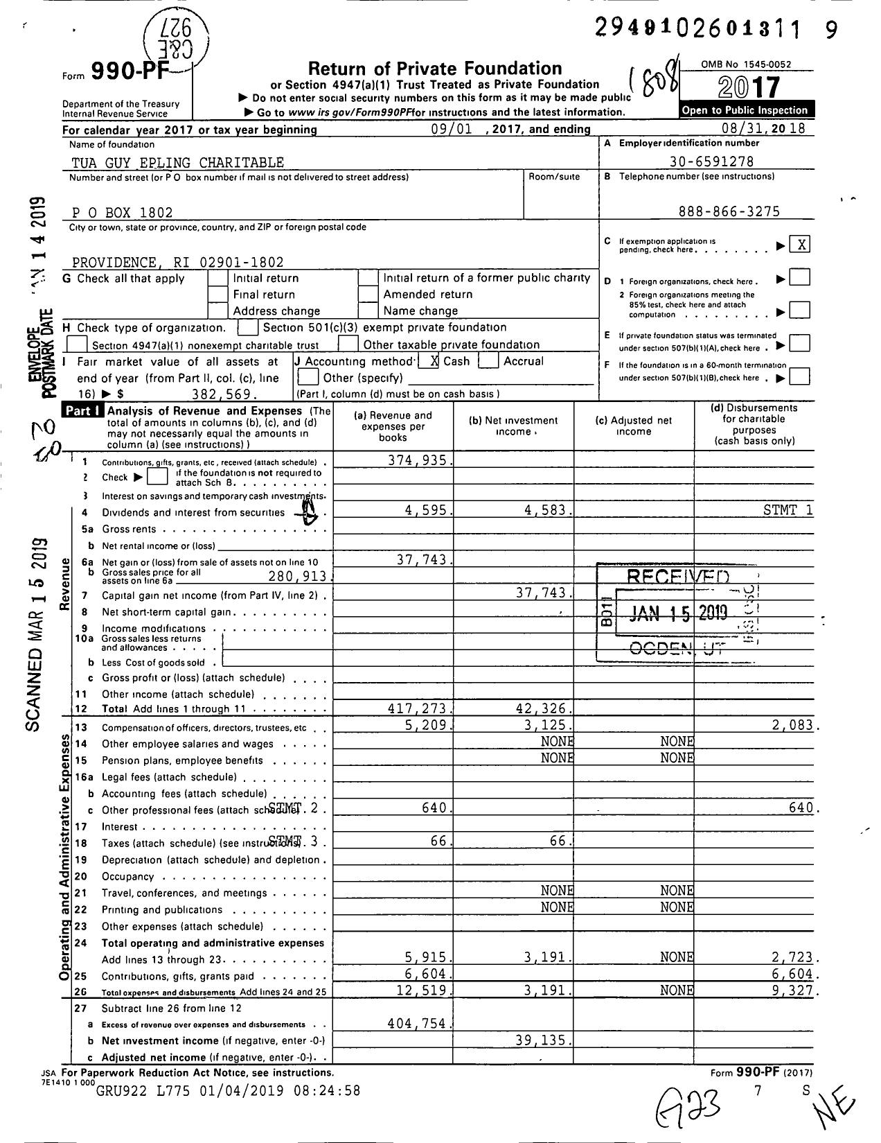 Image of first page of 2017 Form 990PF for Tua Guy Epling Charitable