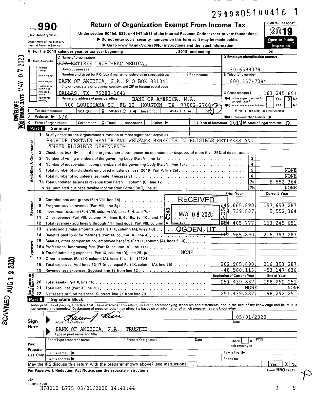 Image of first page of 2019 Form 990 for Boa Retiree Trust-Bac Medical