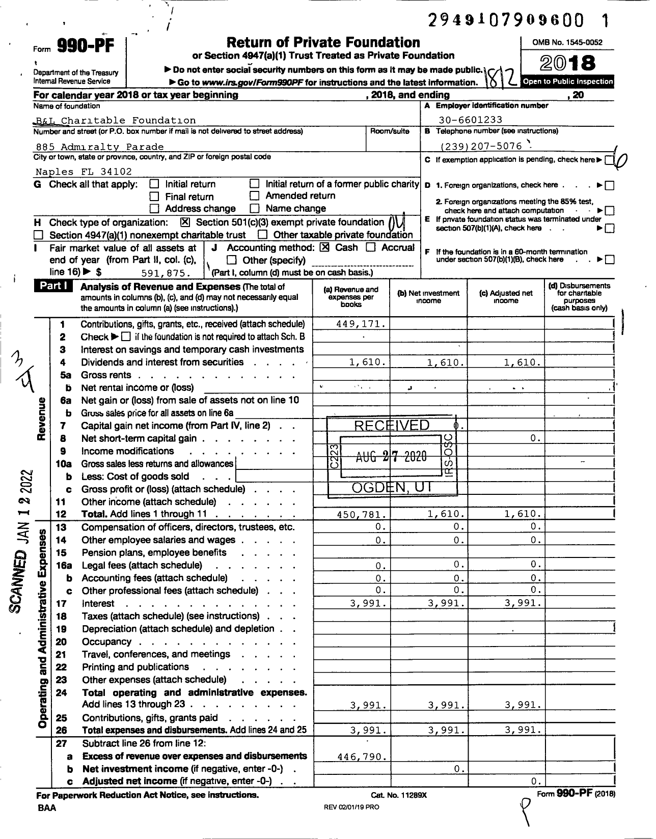 Image of first page of 2018 Form 990PF for B&L Charitable Foundation