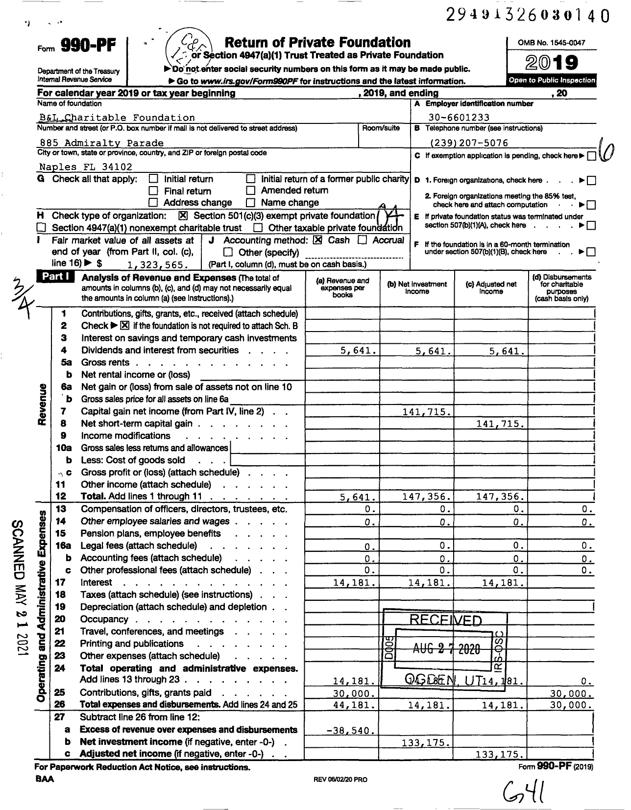 Image of first page of 2019 Form 990PF for B&L Charitable Foundation