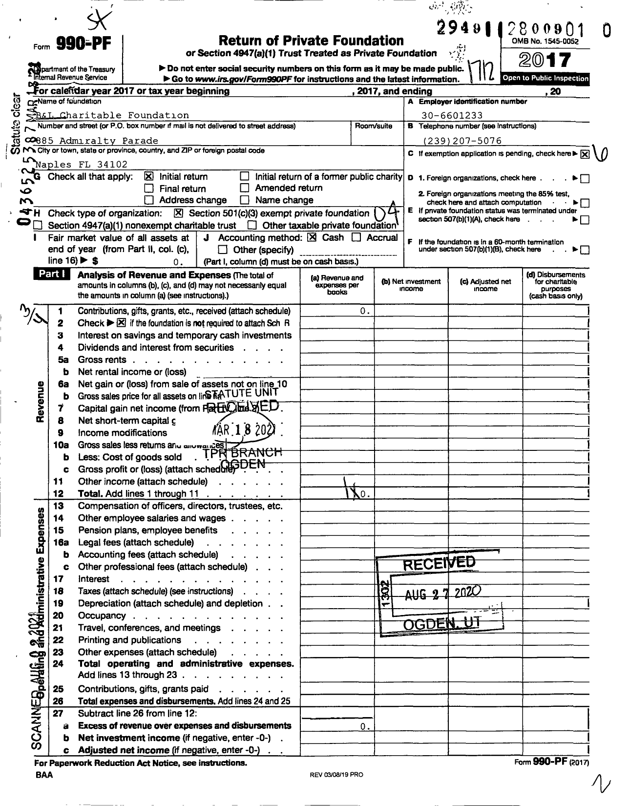 Image of first page of 2017 Form 990PF for B&L Charitable Foundation