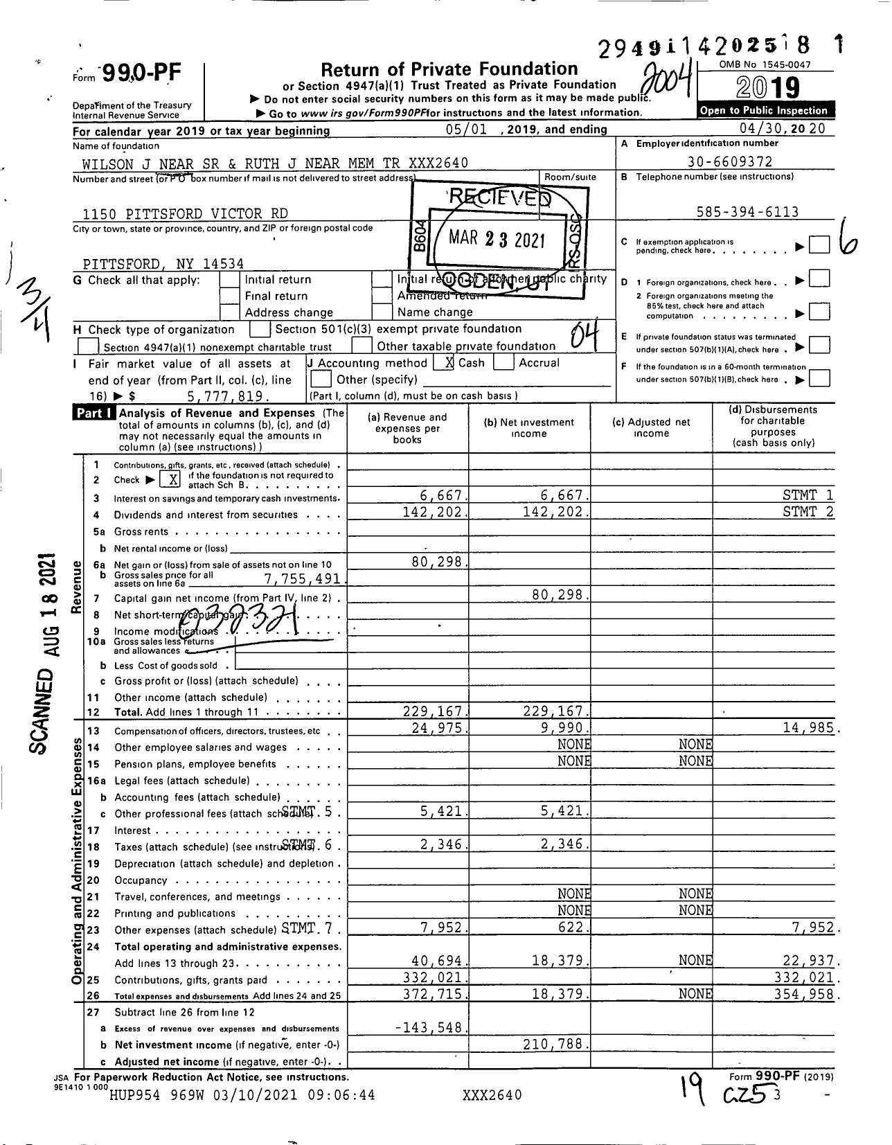 Image of first page of 2019 Form 990PF for Wilson J Near SR and Ruth J Near Mem TR XXX2640