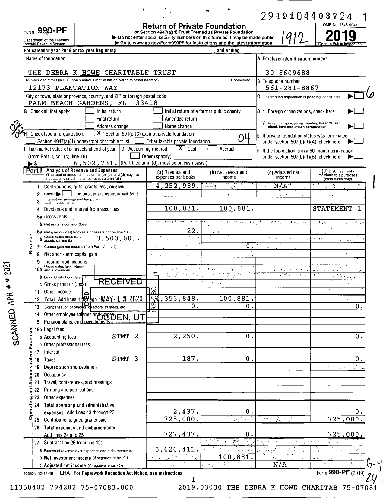 Image of first page of 2019 Form 990PF for The Debra K Howe Charitable Trust