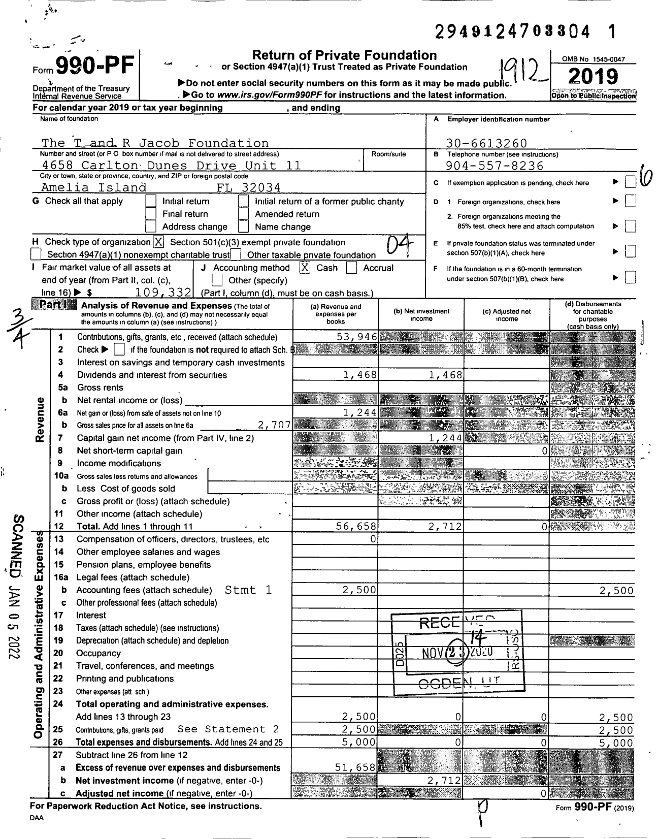 Image of first page of 2019 Form 990PF for The T and R Jacob Foundation