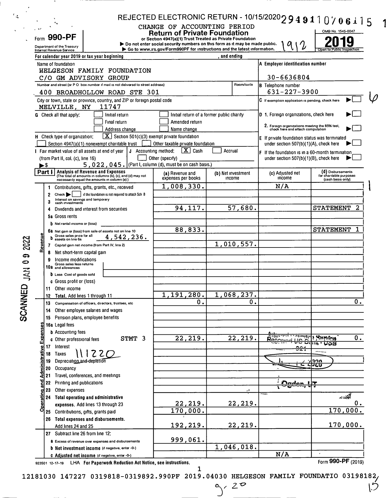 Image of first page of 2019 Form 990PF for Helgeson Family Foundation