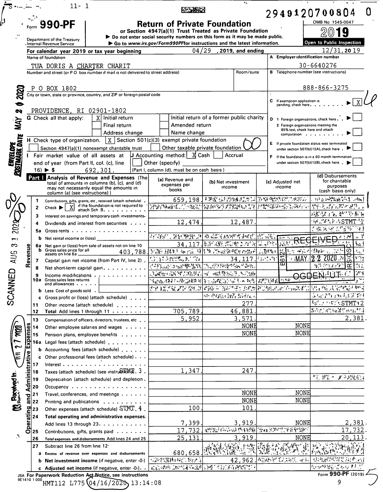 Image of first page of 2019 Form 990PR for Tua Doris A Charter Charit