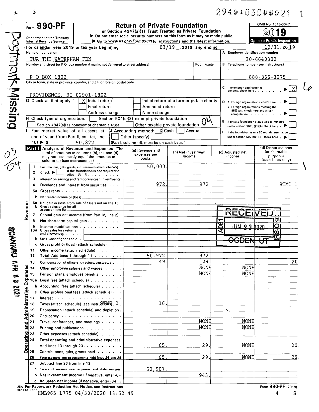 Image of first page of 2019 Form 990PF for Tua the Waterham Foundation