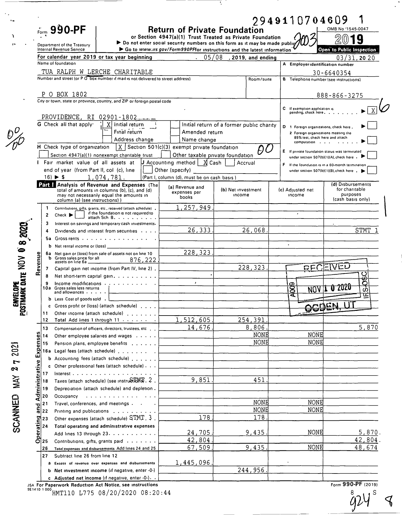 Image of first page of 2019 Form 990PF for Tua Ralph W Lerche Charitable