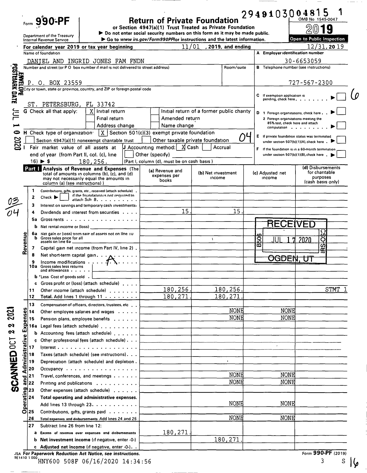 Image of first page of 2019 Form 990PF for Daniel and Ingrid Jones Family FNDN