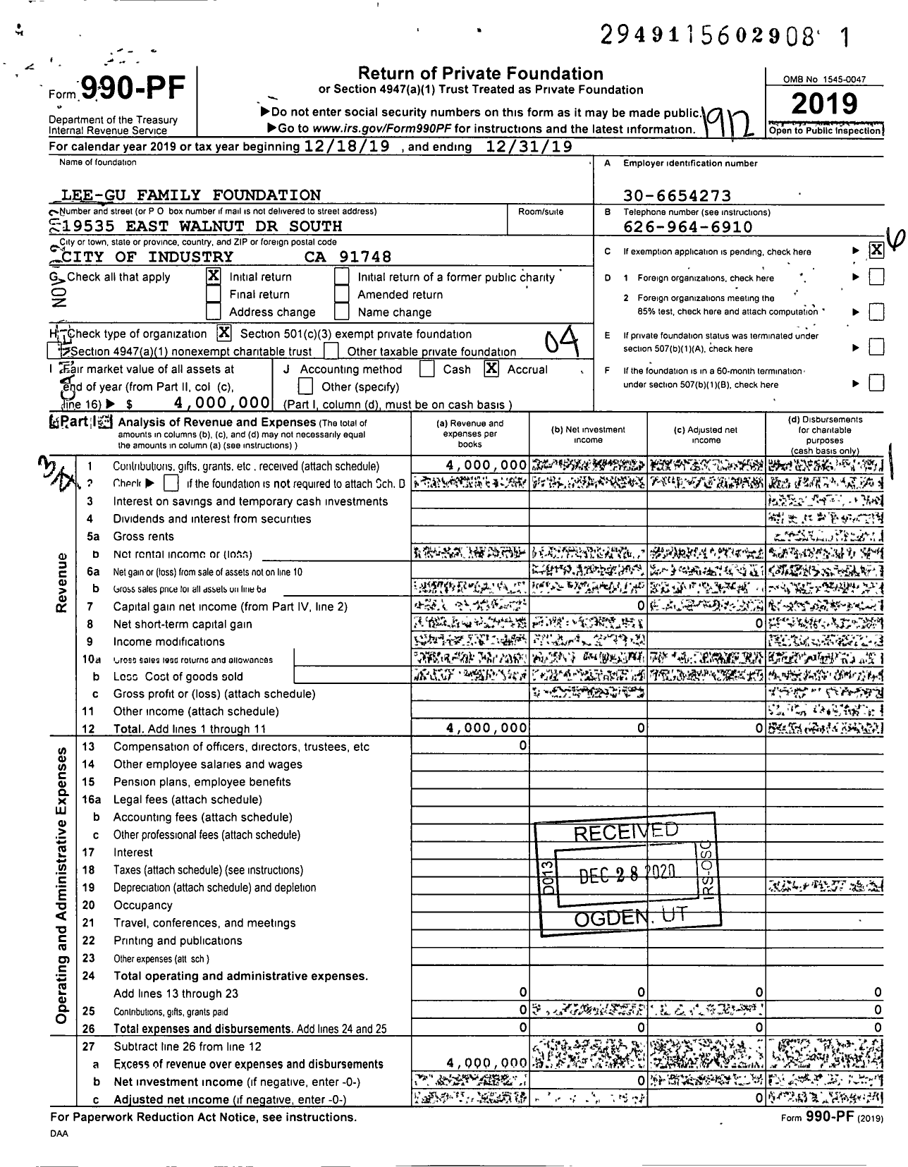 Image of first page of 2019 Form 990PF for Lee-Gu Family Foundation