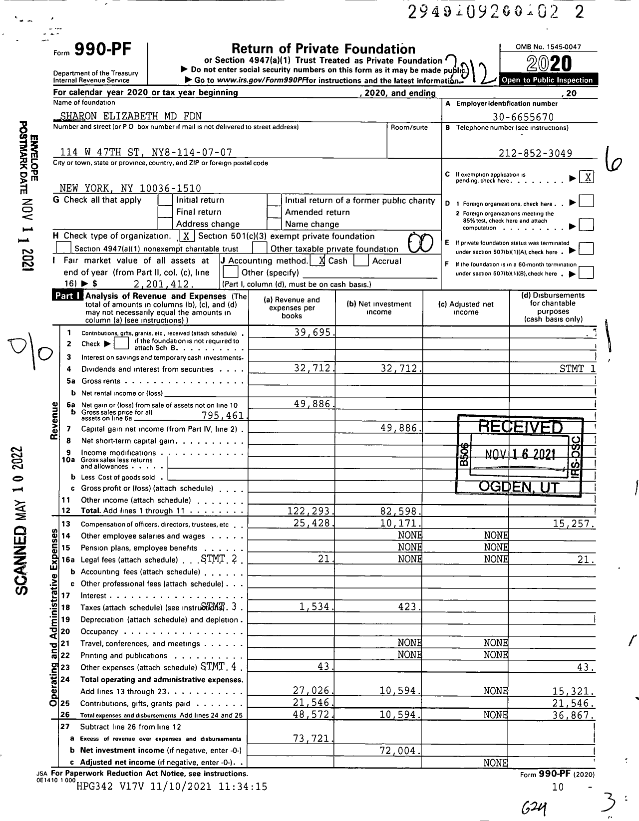 Image of first page of 2020 Form 990PF for Sharon Elizabeth MD Foundation