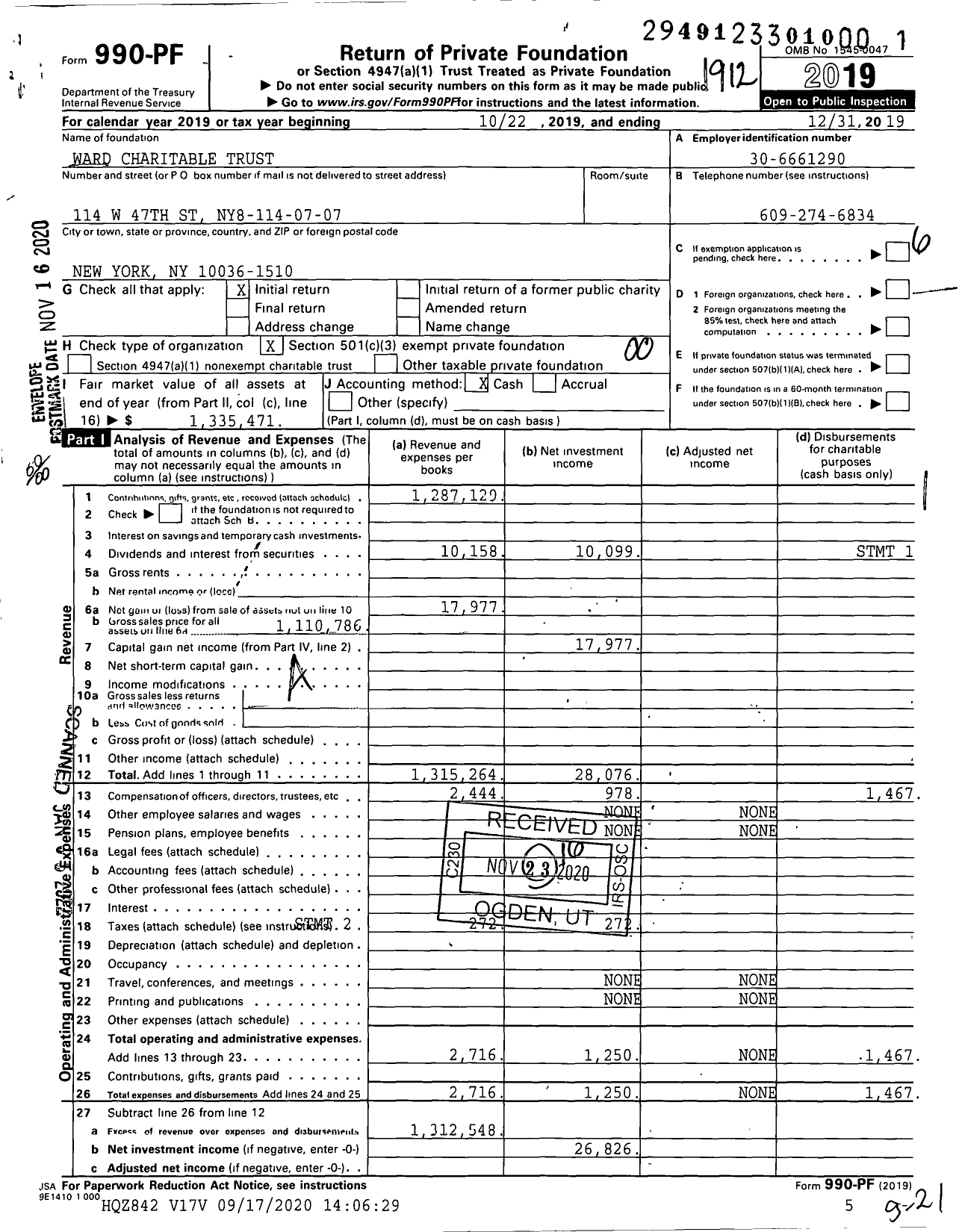 Image of first page of 2019 Form 990PF for Ward Charitable Trust