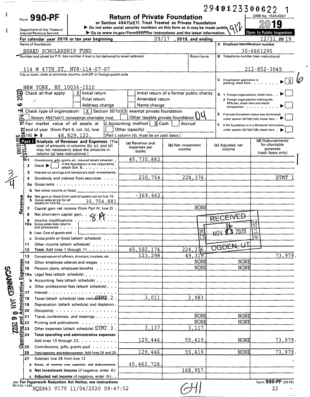 Image of first page of 2019 Form 990PF for Beard Scholarship Fund