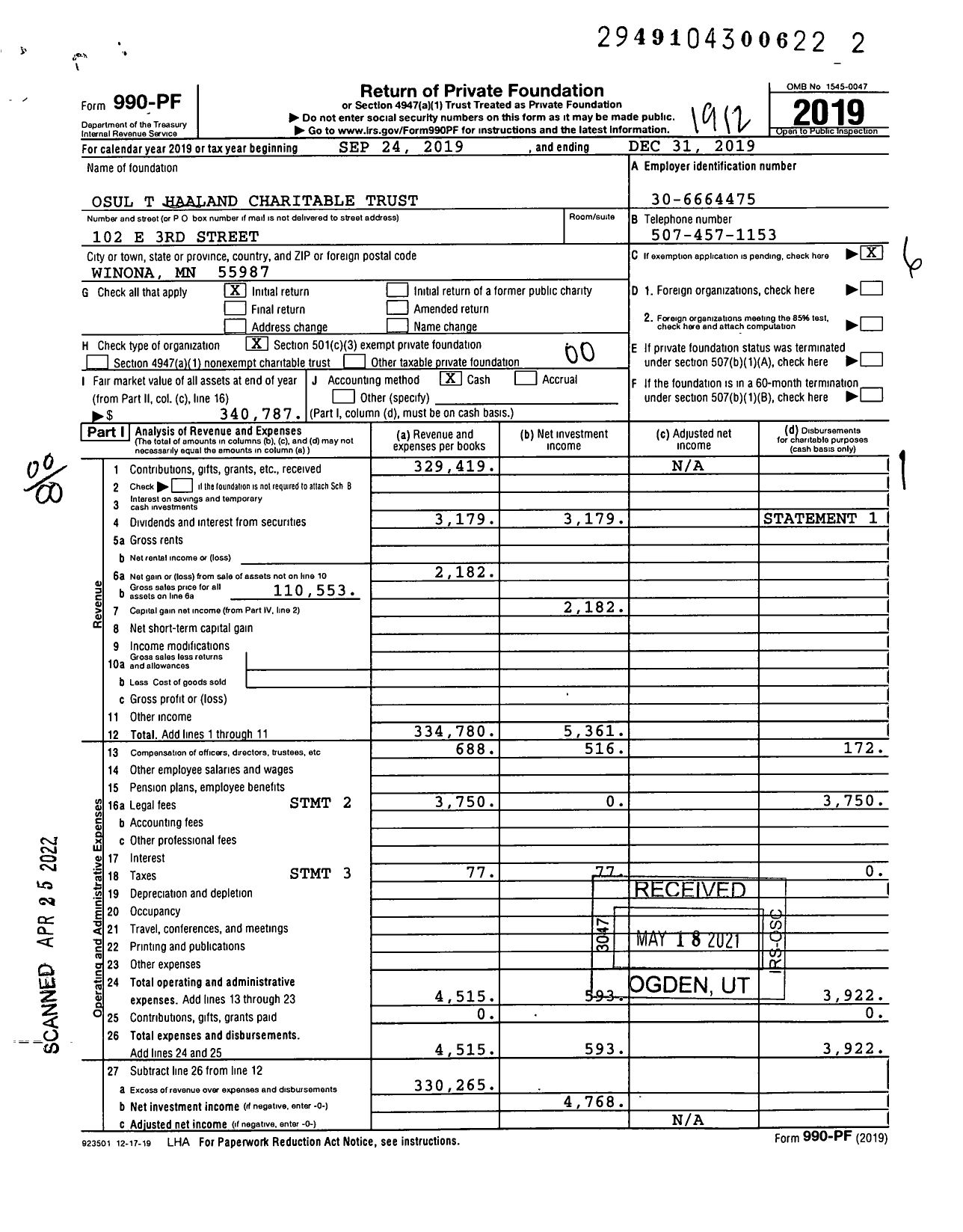 Image of first page of 2019 Form 990PF for Osul T Haaland Charitable Trust