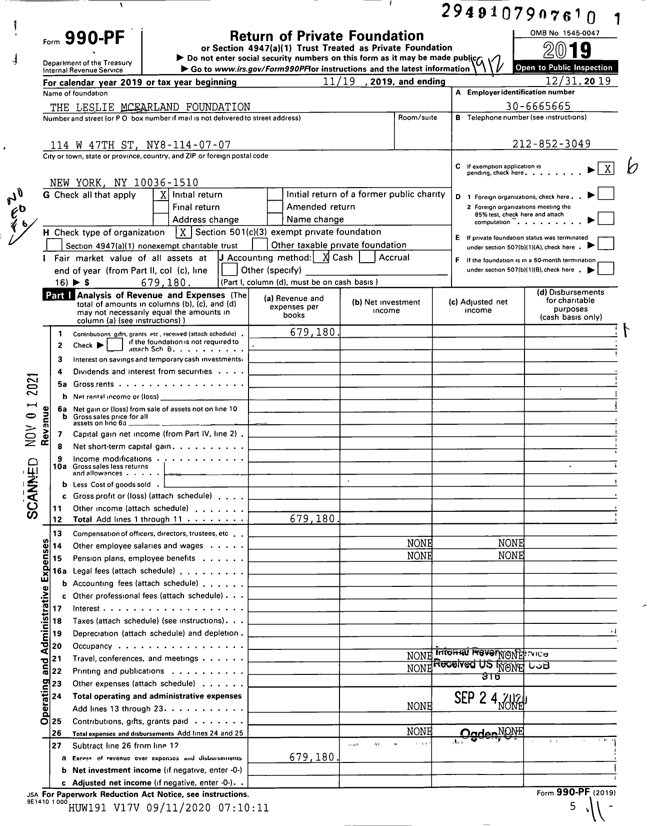 Image of first page of 2019 Form 990PF for Leslie Mcfarland Foundation