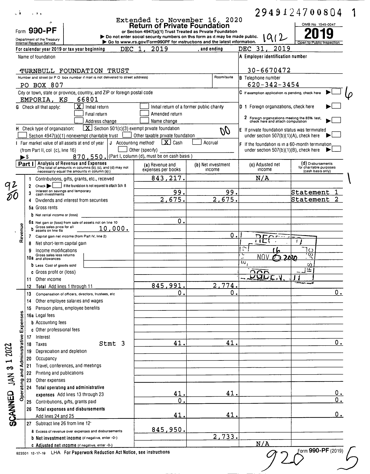 Image of first page of 2019 Form 990PF for Turnbull Foundation Trust