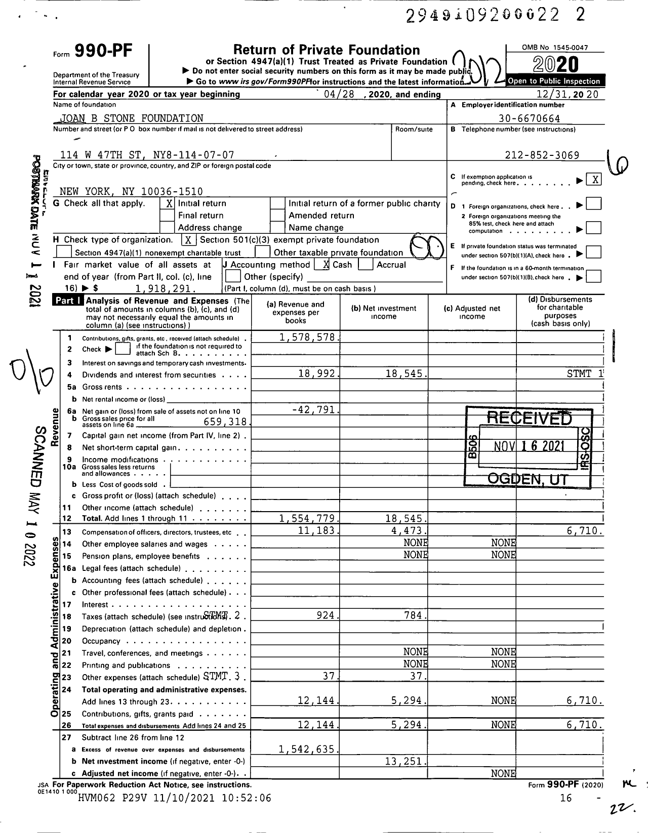 Image of first page of 2020 Form 990PF for Joan B Stone Foundation