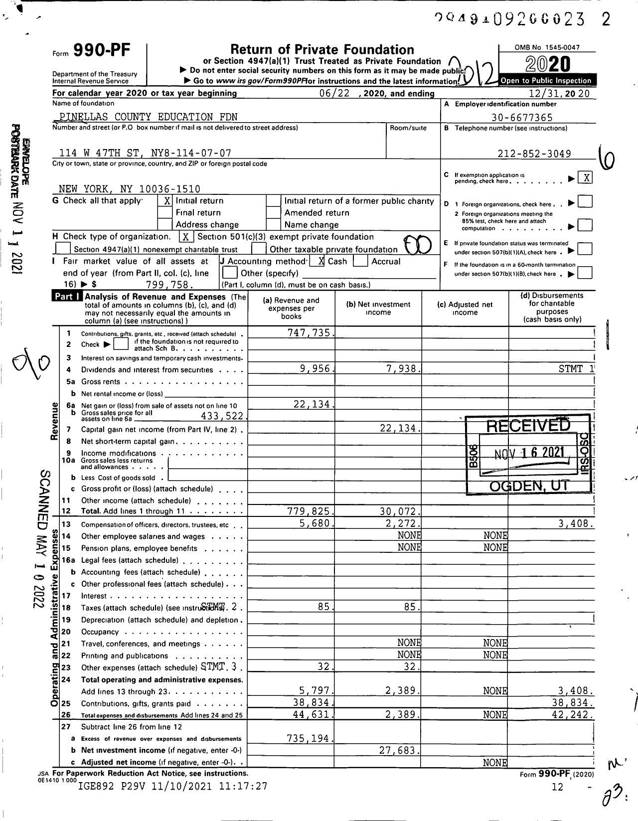 Image of first page of 2020 Form 990PF for Pinellas County Education Foundation