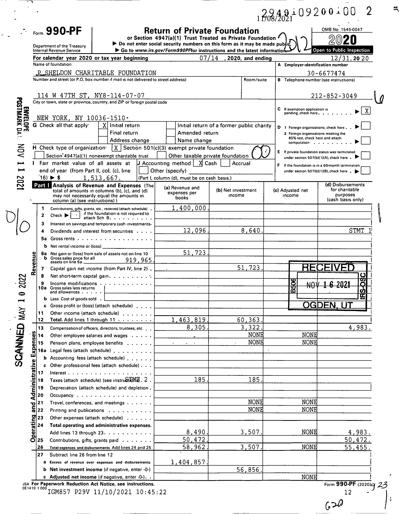 Image of first page of 2020 Form 990PF for P Sheldon Charitable Foundation