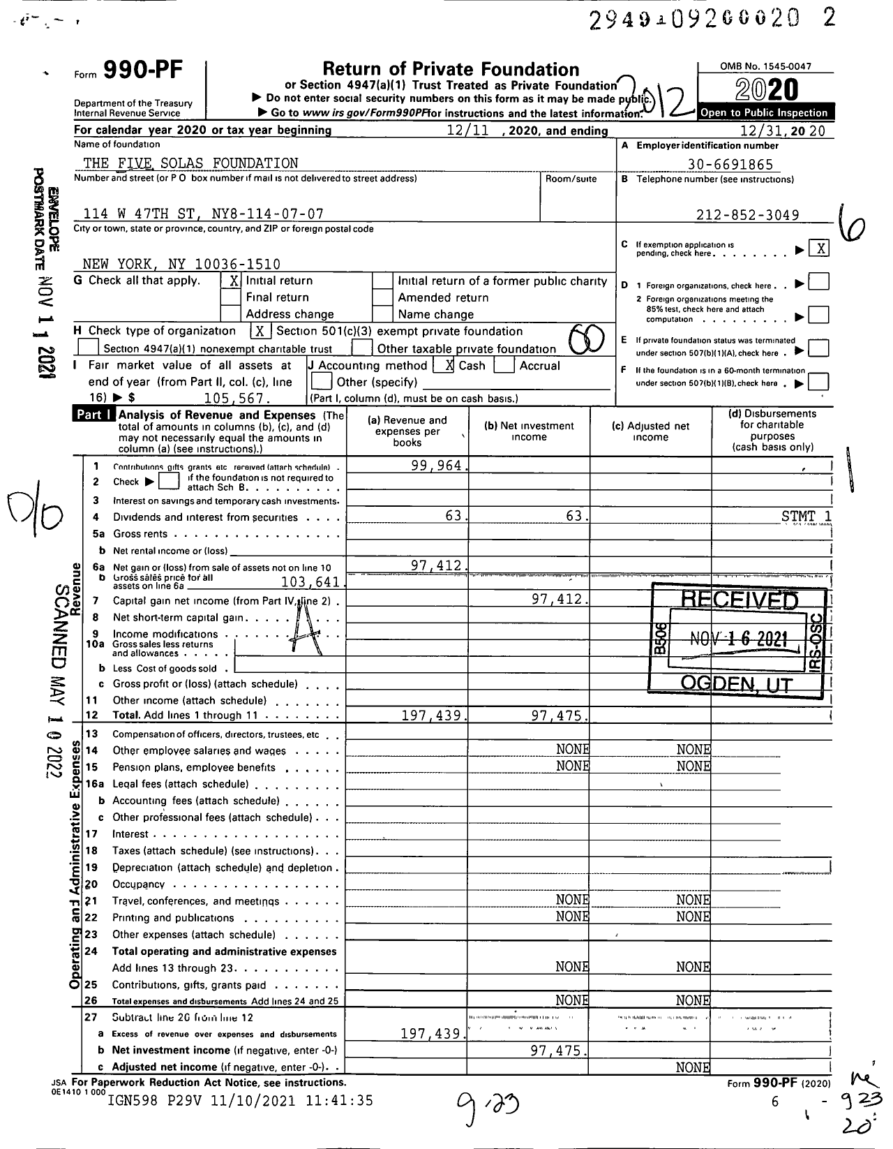 Image of first page of 2020 Form 990PF for The Five Solas Foundation