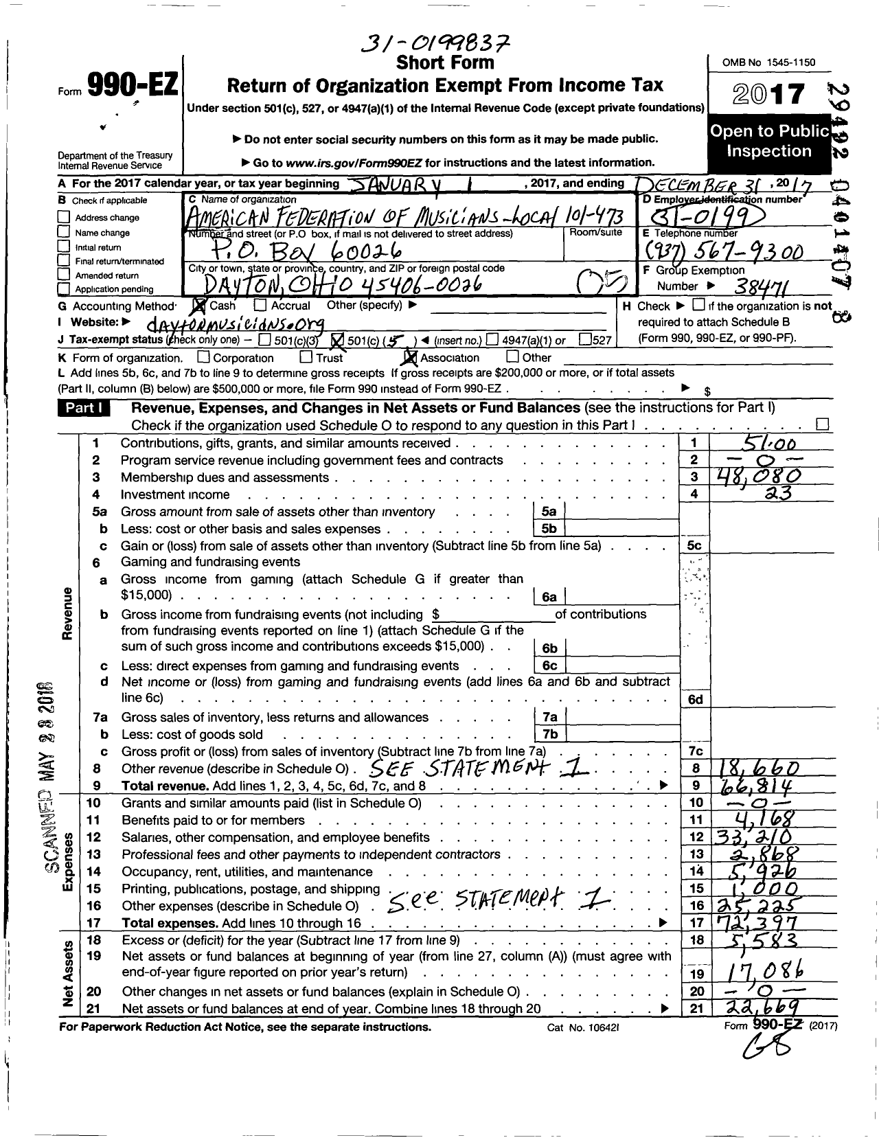 Image of first page of 2017 Form 990EO for American Federation of Musicians - 101-473 Local Dayton