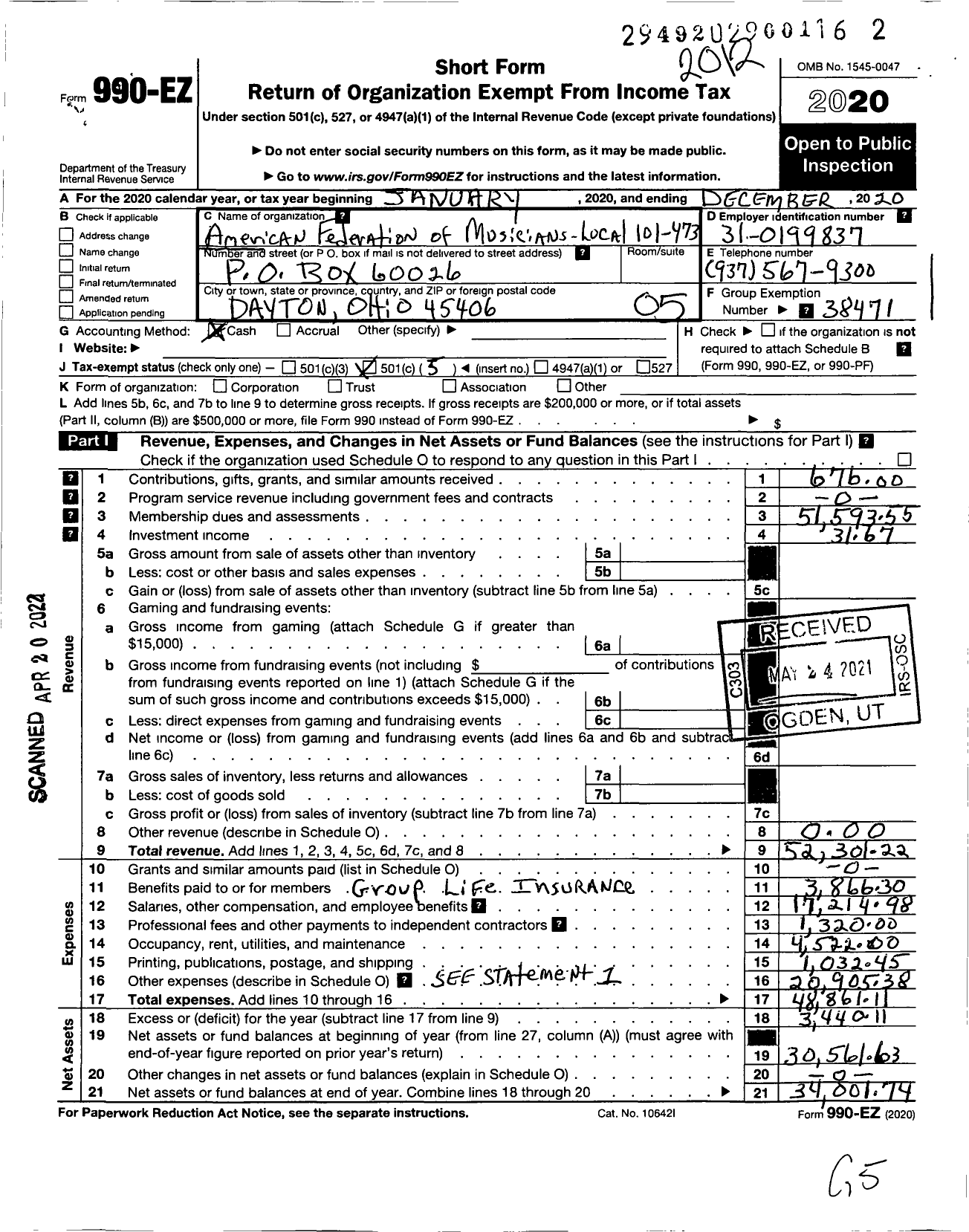 Image of first page of 2020 Form 990EO for American Federation of Musicians - 101-473 Local Dayton