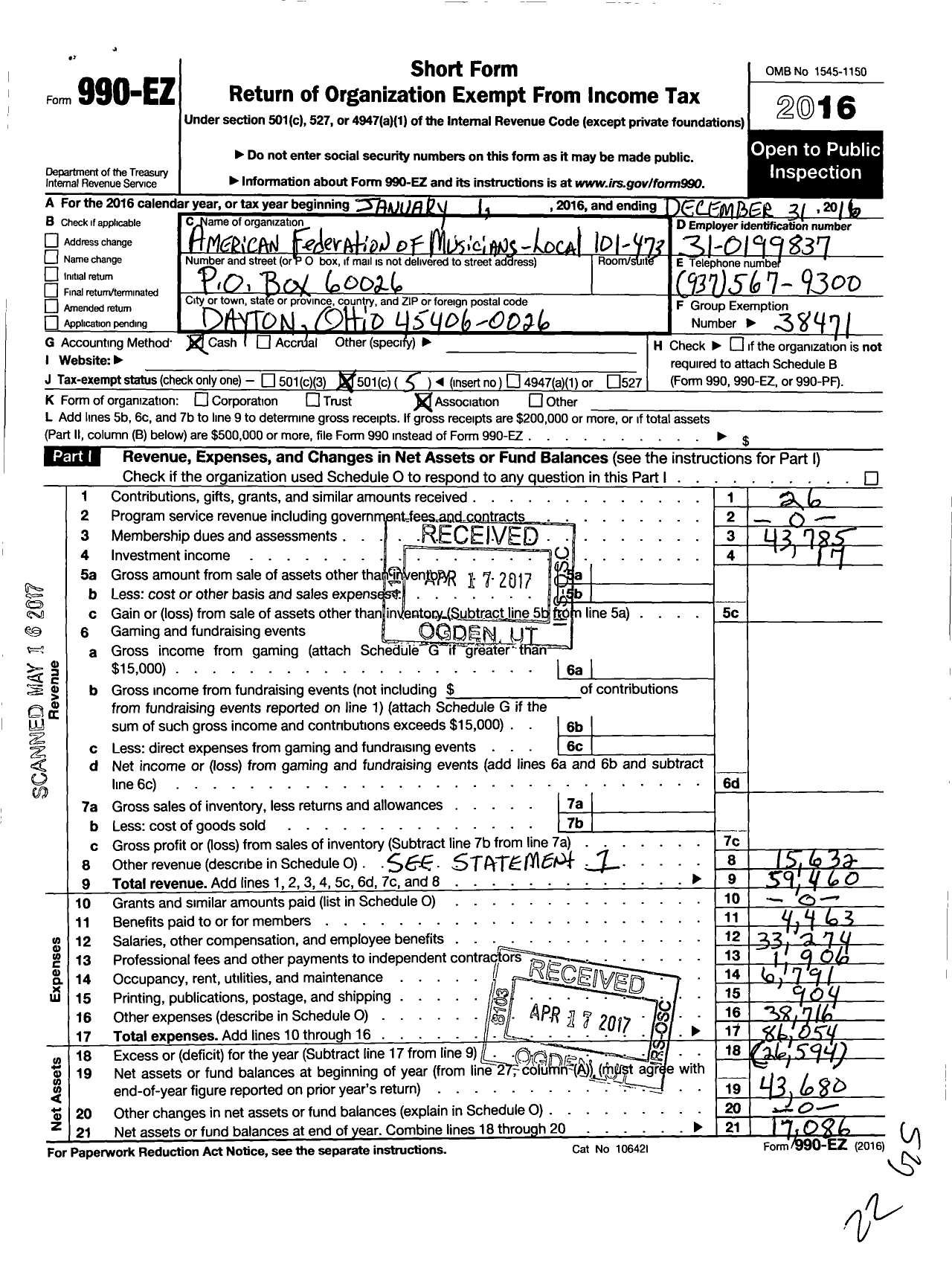 Image of first page of 2016 Form 990EO for American Federation of Musicians - 101-473 Local Dayton