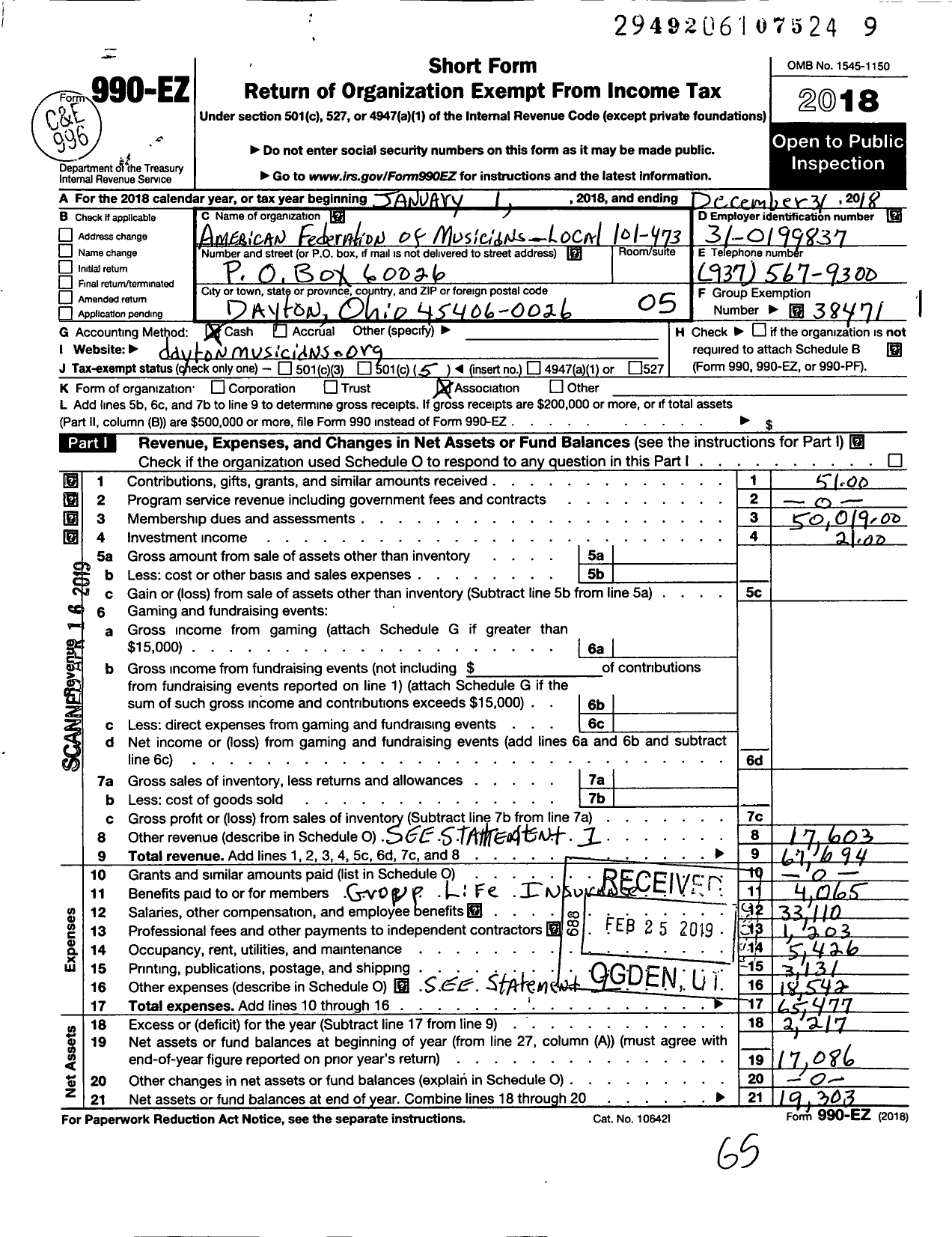 Image of first page of 2018 Form 990EO for American Federation of Musicians - 101-473 Local Dayton