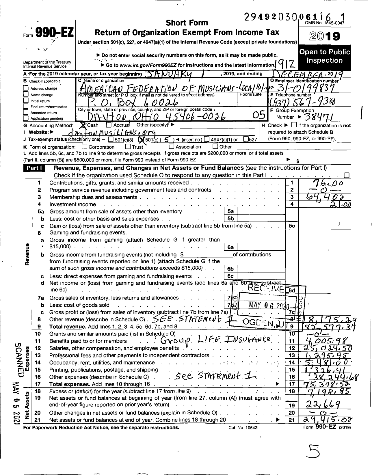 Image of first page of 2019 Form 990EO for American Federation of Musicians - 101-473 Local Dayton