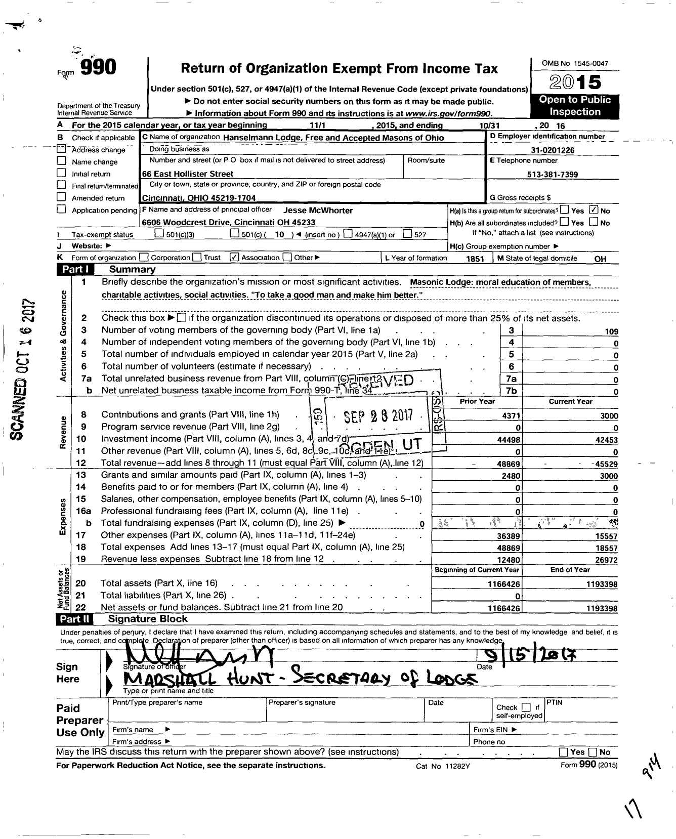 Image of first page of 2015 Form 990O for Free & Accepted Masons of Ohio - Hanselmann Lodge 208