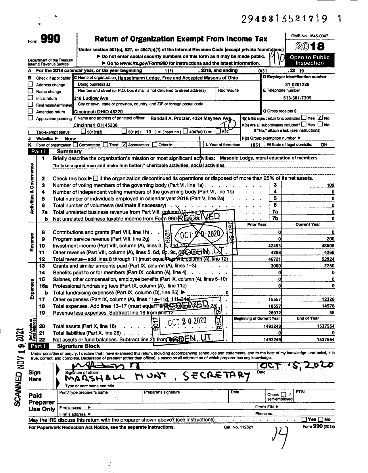 Image of first page of 2018 Form 990O for Free & Accepted Masons of Ohio - Hanselmann Lodge 208