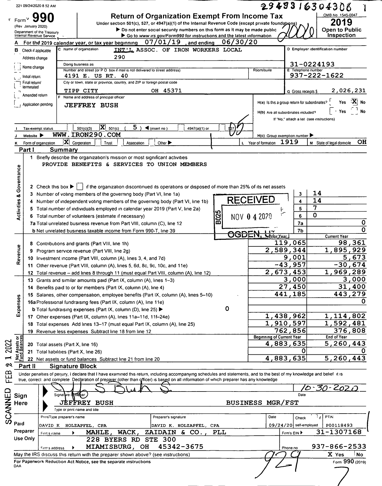 Image of first page of 2019 Form 990O for International Association of Iron Workers Local 290