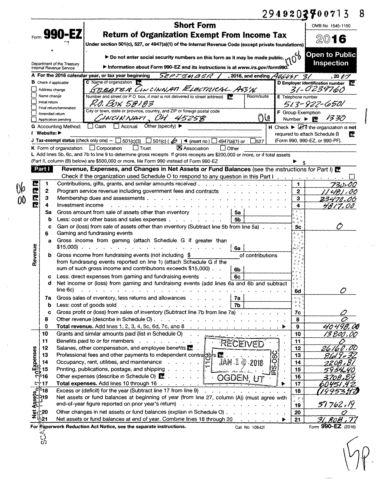 Image of first page of 2016 Form 990EO for Greater Cincinnati Electrical Association