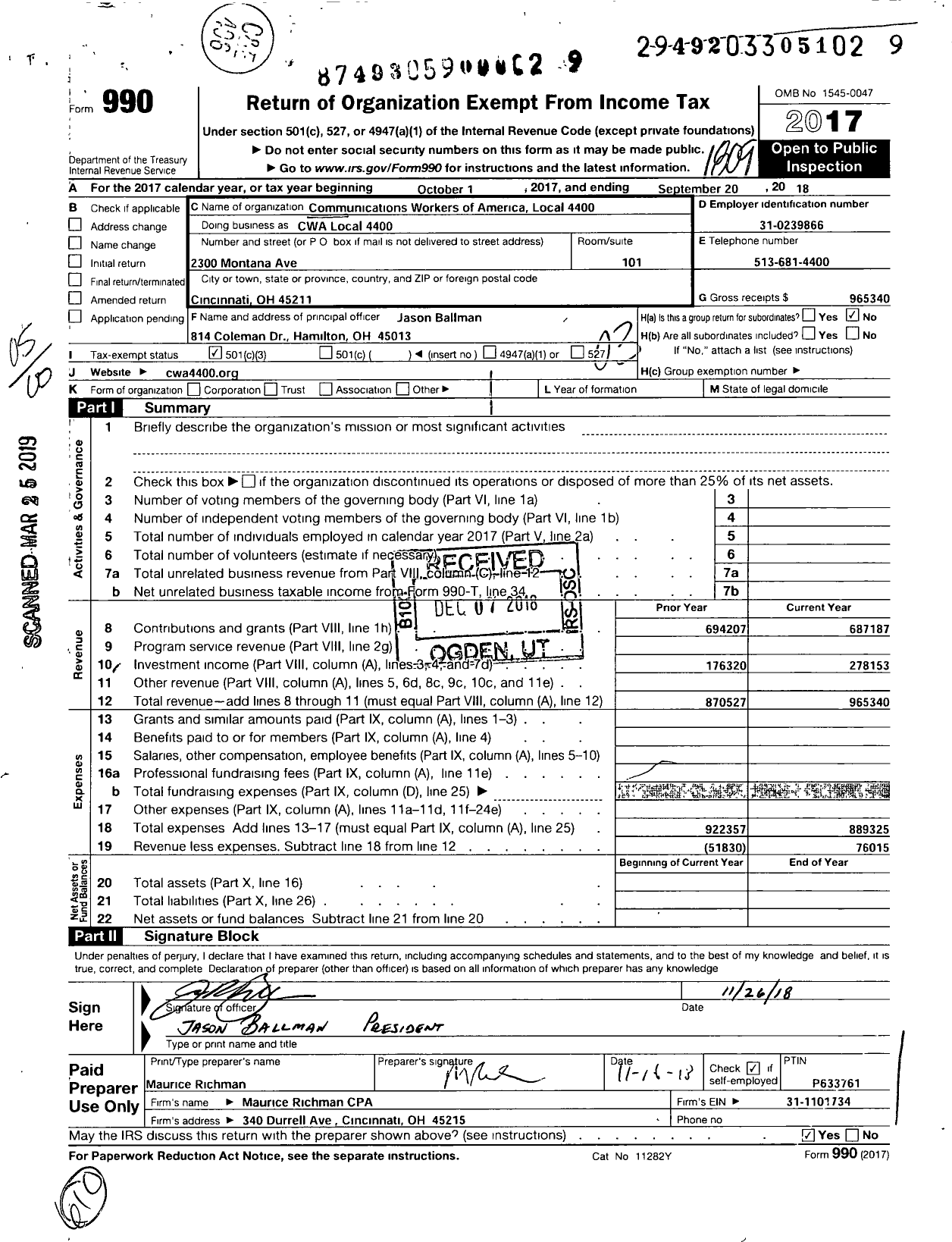 Image of first page of 2017 Form 990 for Communications Workers of America - Cwa Local 4400