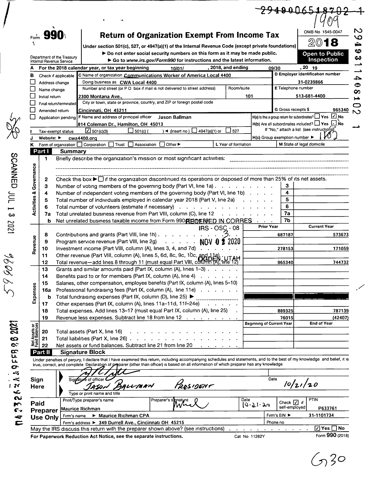 Image of first page of 2018 Form 990O for Communications Workers of America - Cwa Local 4400