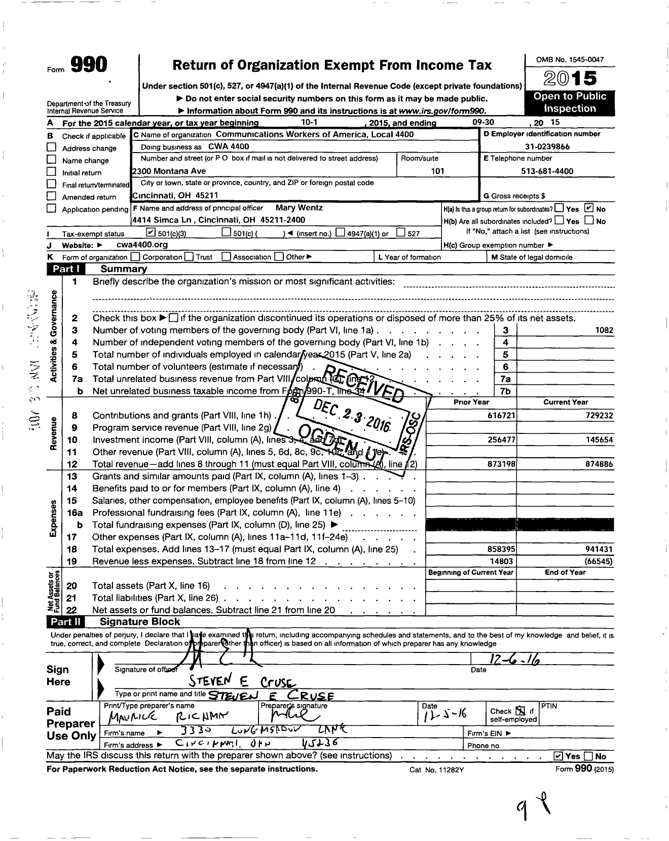 Image of first page of 2014 Form 990 for Communications Workers of America - Cwa Local 4400