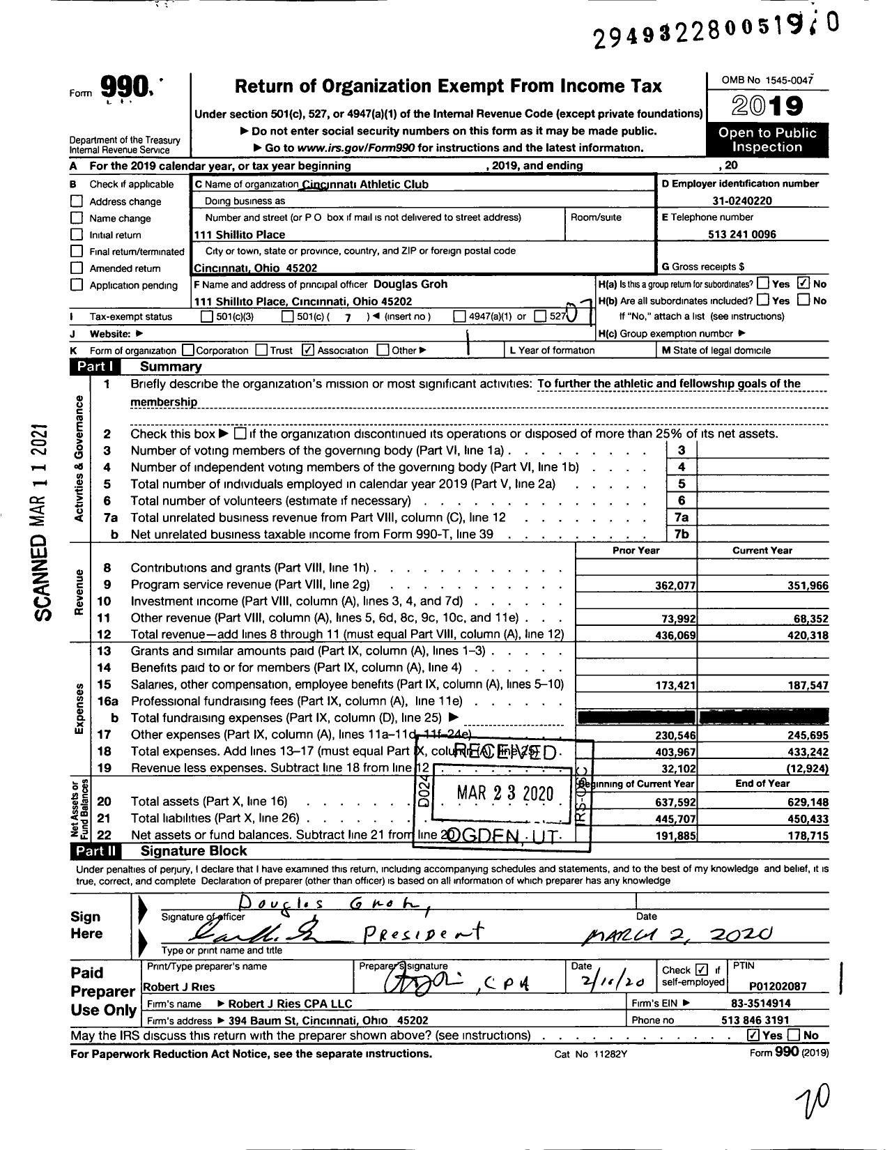 Image of first page of 2019 Form 990O for Cincinnati Athletic Club