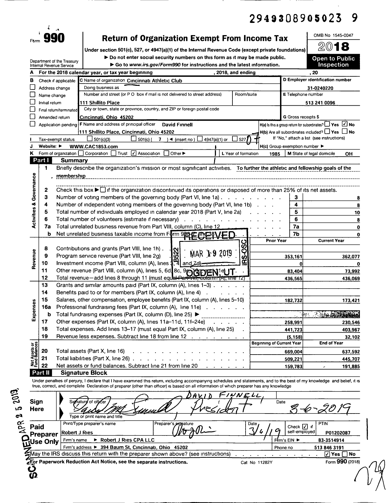 Image of first page of 2018 Form 990O for Cincinnati Athletic Club