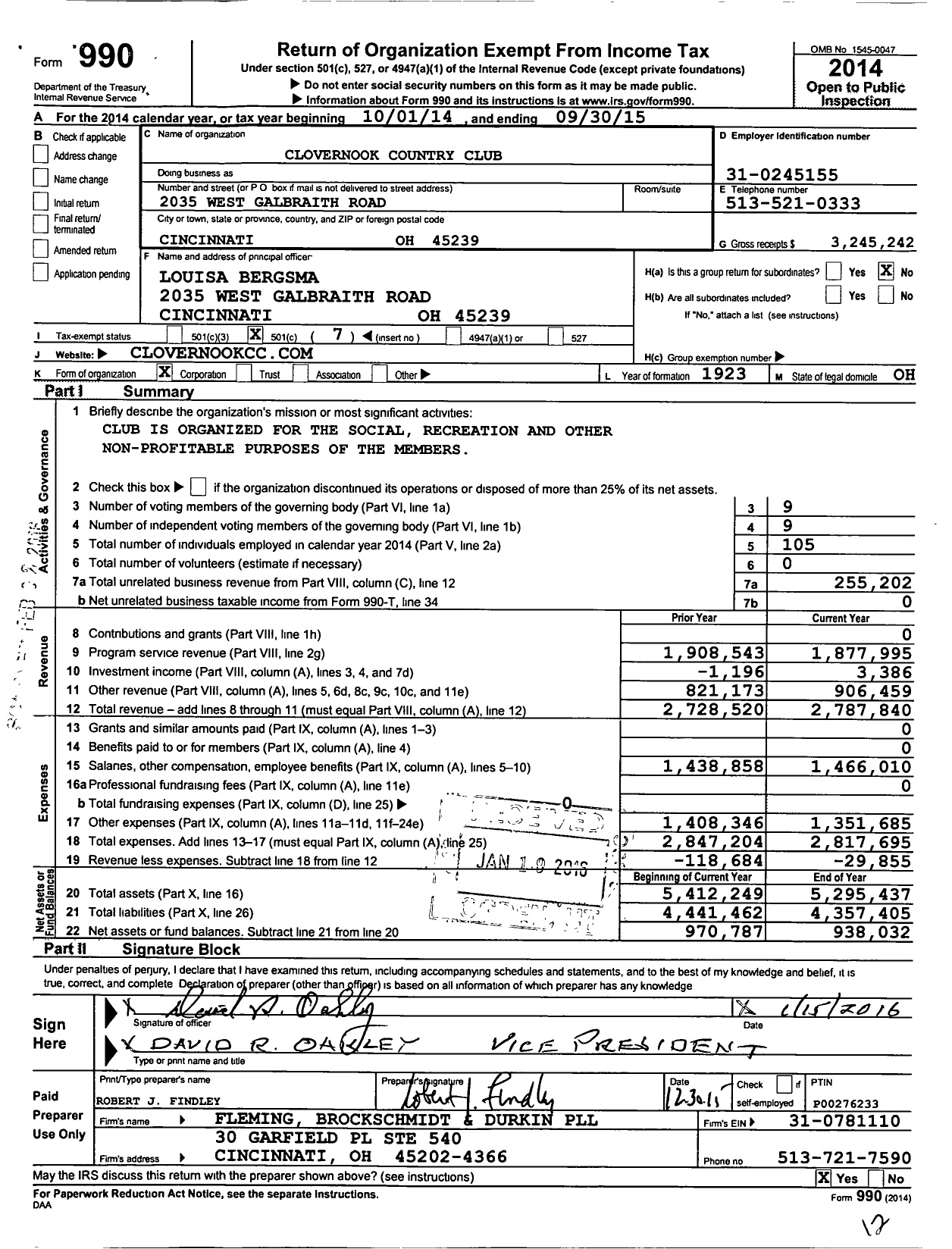 Image of first page of 2014 Form 990O for Clovernook Country Club