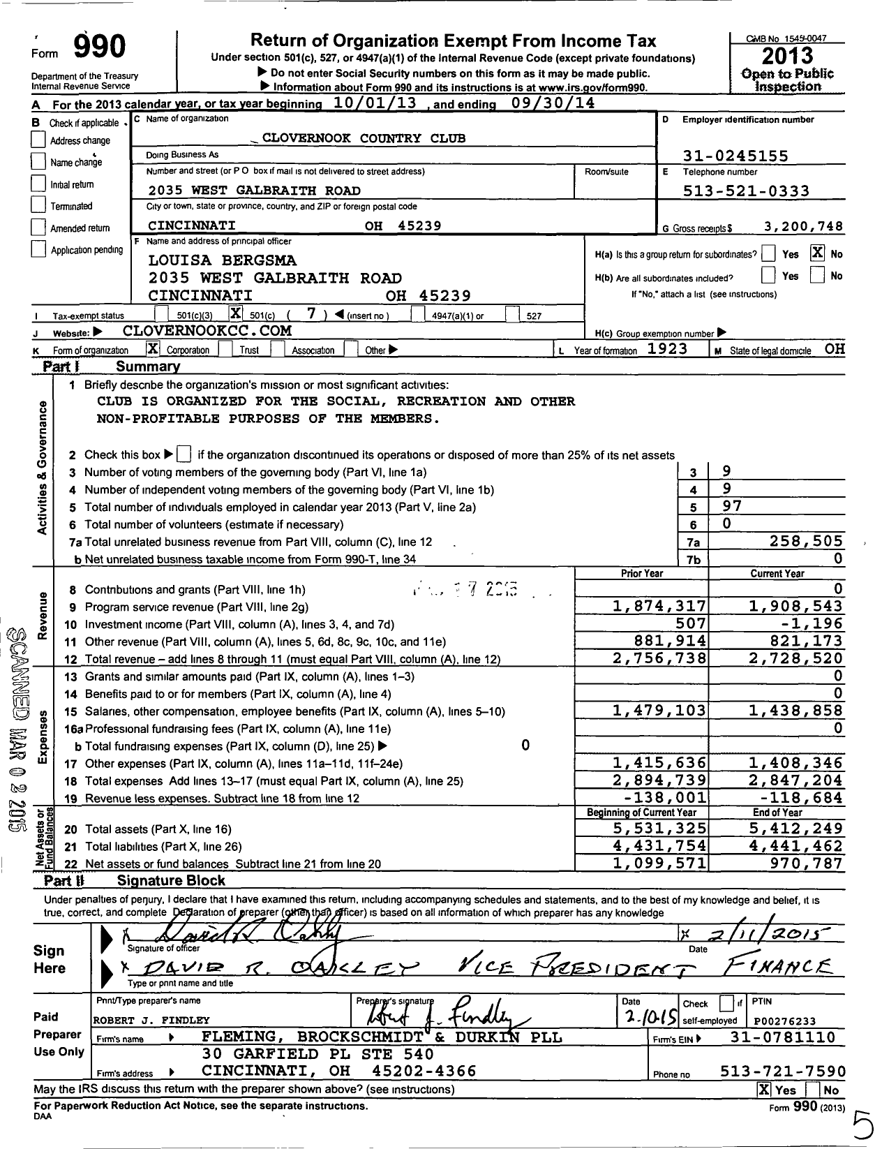 Image of first page of 2013 Form 990O for Clovernook Country Club