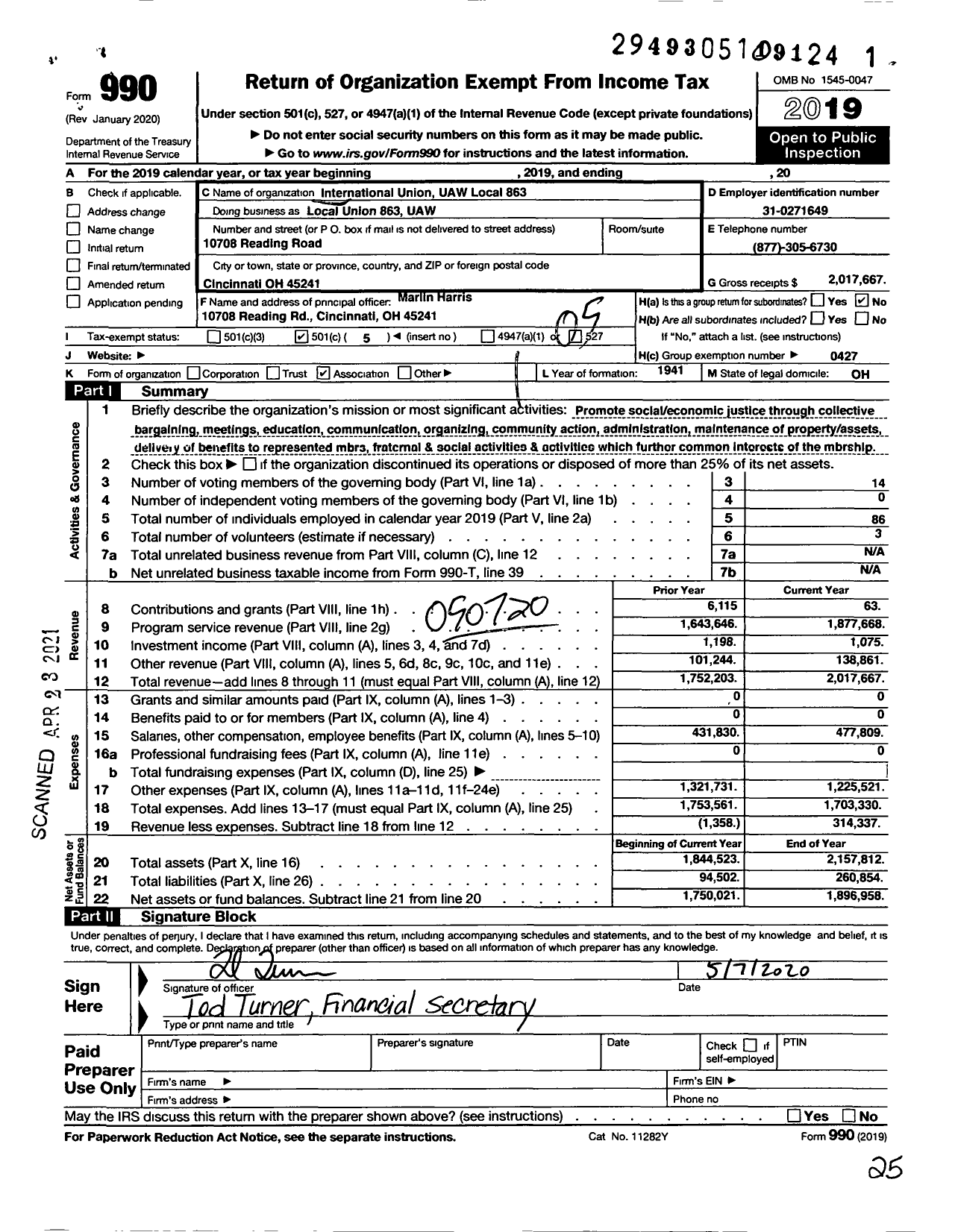 Image of first page of 2019 Form 990O for International Union UAW Local 863