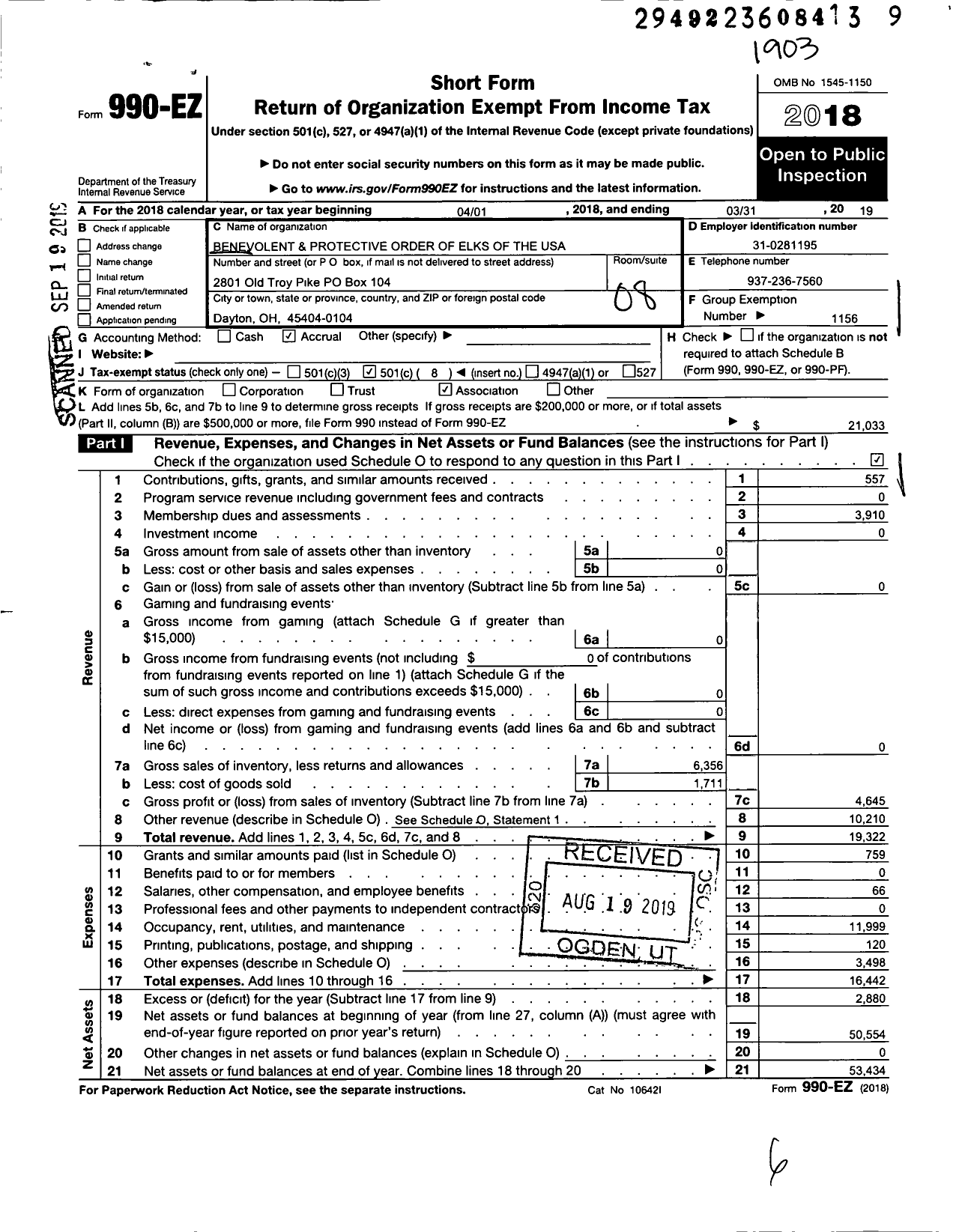 Image of first page of 2018 Form 990EO for Benevolent and Protective Order of Elks - 58 Dayton