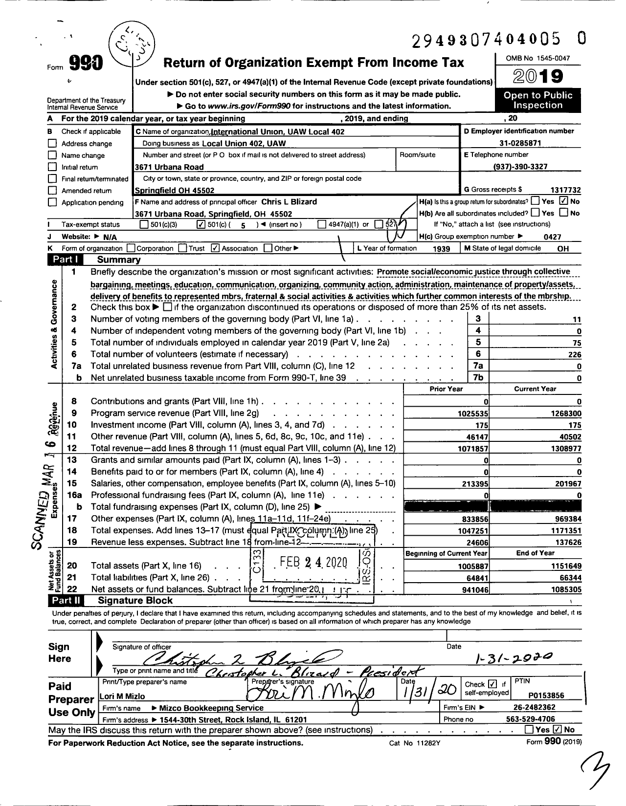 Image of first page of 2019 Form 990O for UAW - International Union UAW Local 402