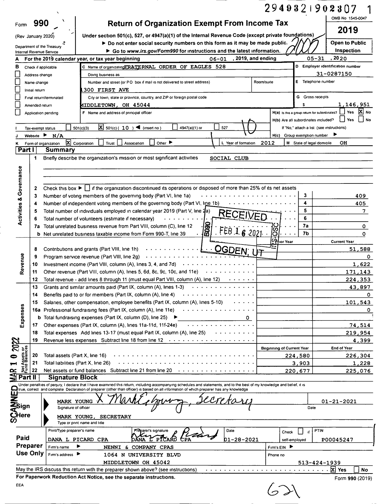 Image of first page of 2019 Form 990O for Fraternal Order of Eagles - 528 Aerie