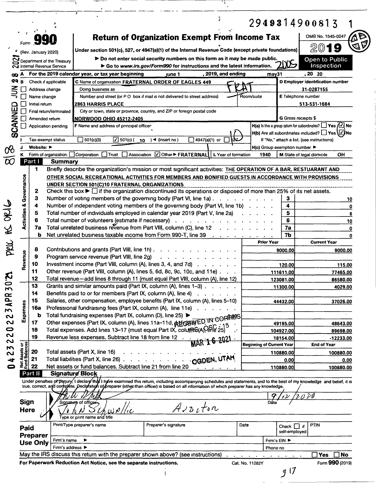 Image of first page of 2019 Form 990O for Fraternal ORDER OF EAGLES - 449 Aerie