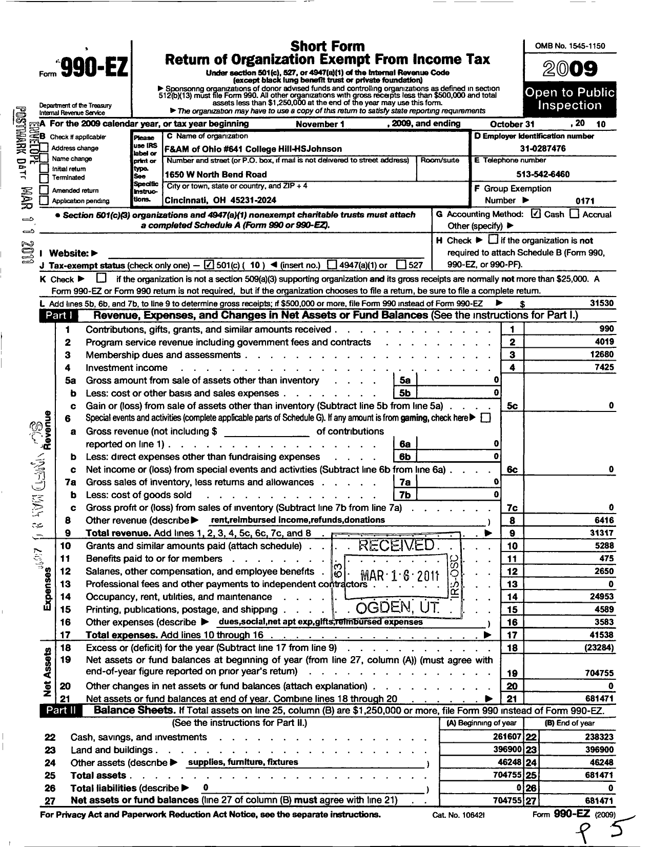 Image of first page of 2009 Form 990EO for Free & Accepted Masons of Ohio - 641 College Hill-Hs Johnson