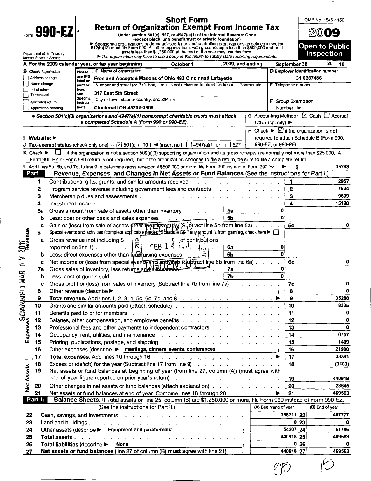 Image of first page of 2009 Form 990EO for Free & Accepted Masons of Ohio - 483 Cincinnati-Lafayette