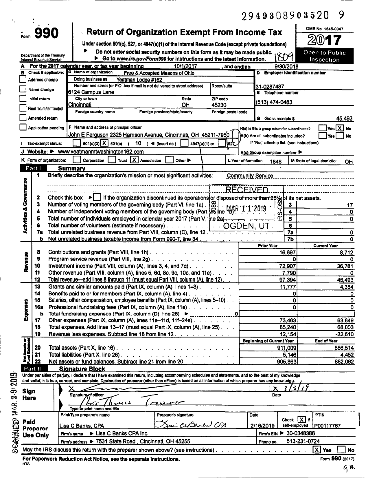 Image of first page of 2017 Form 990O for Free & Accepted Masons of Ohio - Yeatman Mt Washinton Lodg